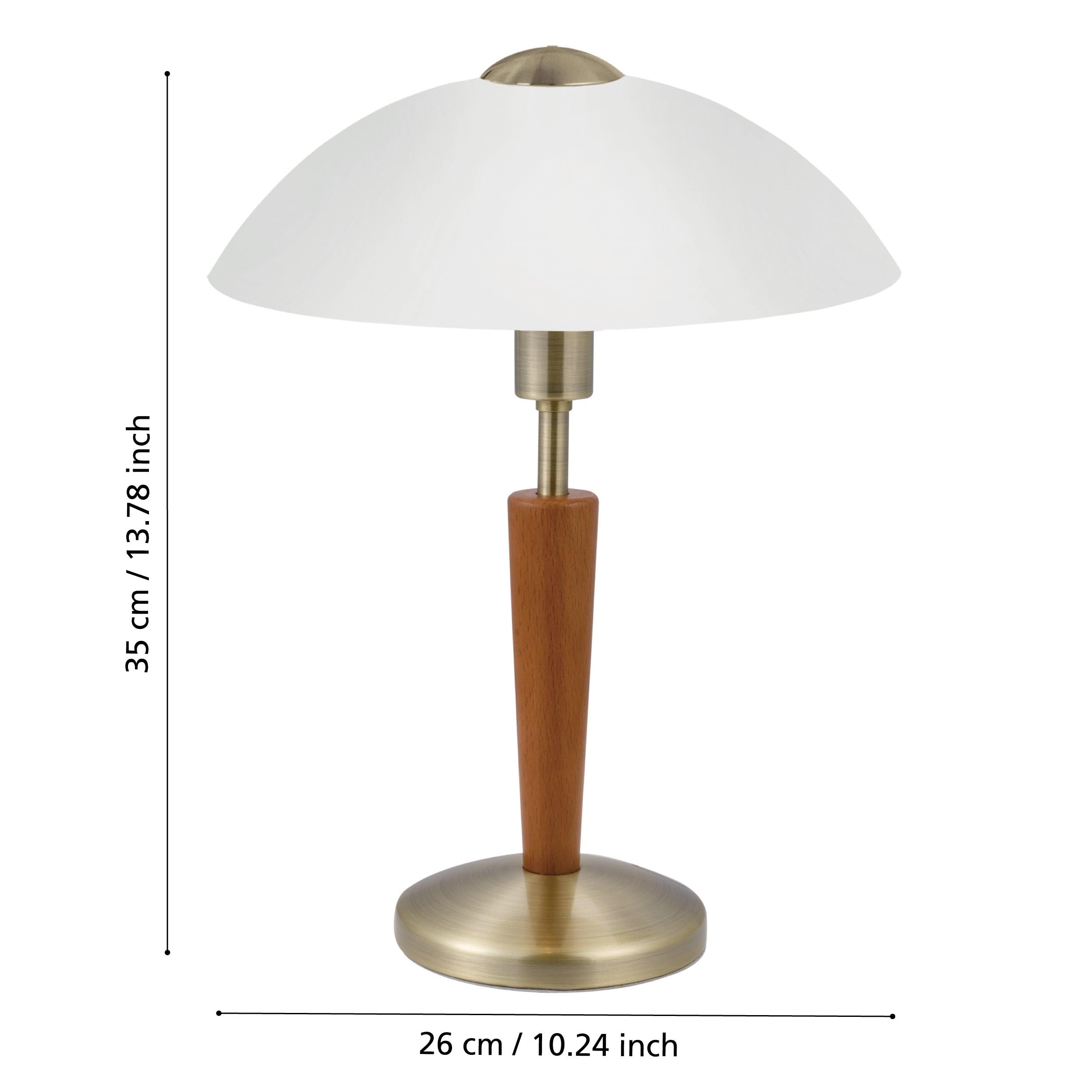 Eglo Solo 1, lampada da tavolo a 1 luce, materiale: Acciaio, legno | brunito, noce, vetro: bianco satinato, attacco: E14, incluso dimmer touch a sfioramento