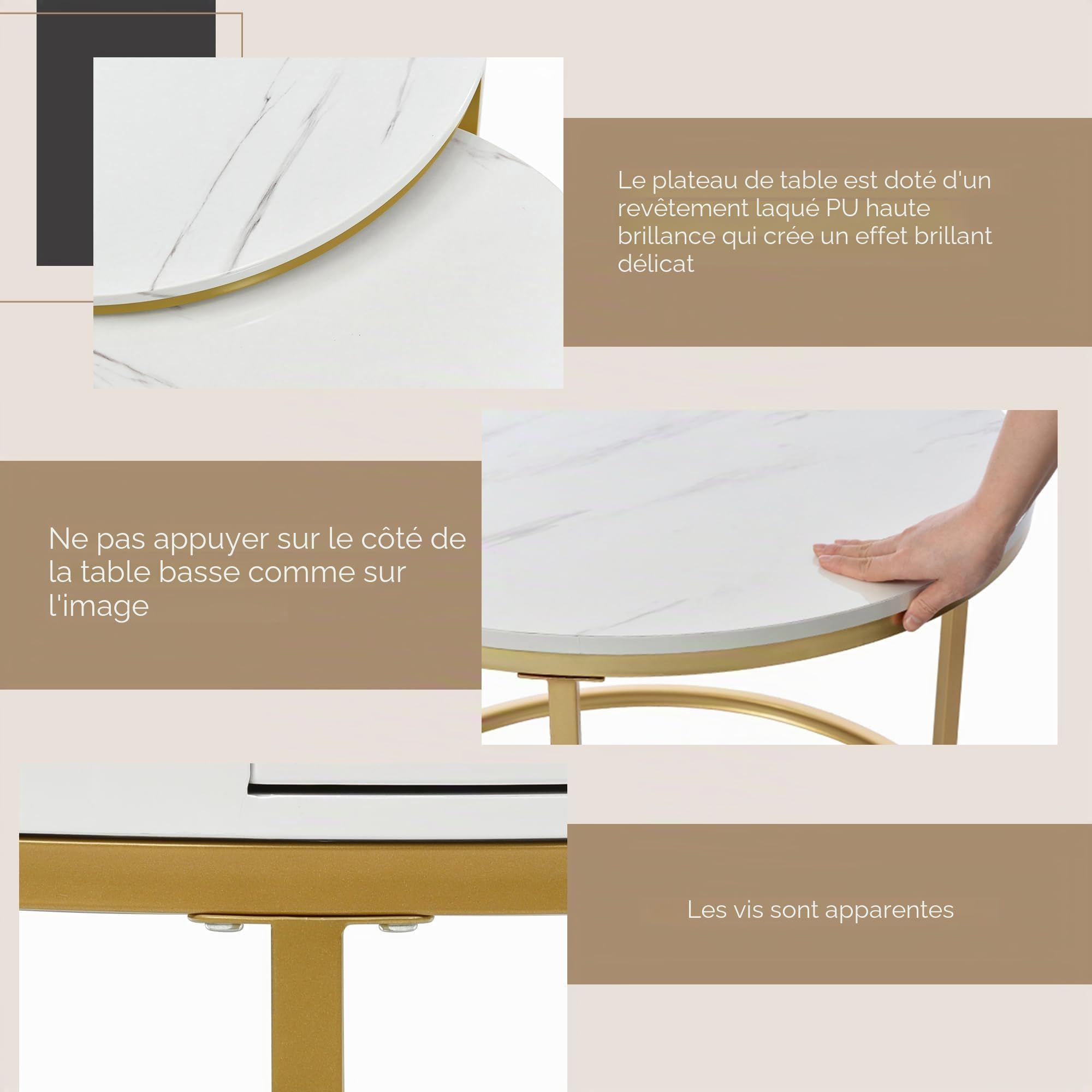 Merax Lot de 2 tables basses rondes, table d'appoint moderne pour salon avec tiroir, piétement en métal doré, motif marbre, tables de canapé pour chambre, balcon, bureau, Blanc