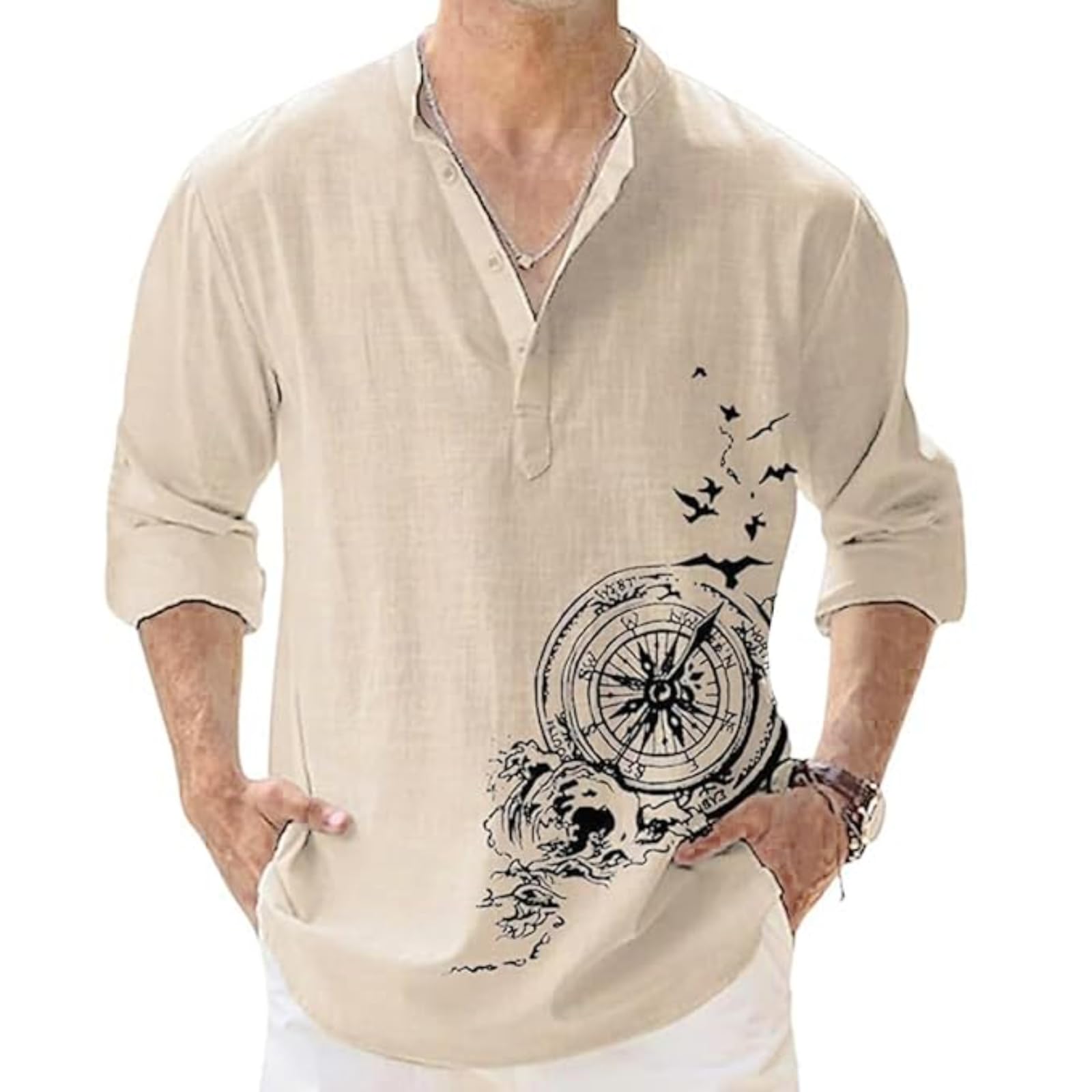 deemoon Men's Cotton Blend Mandarin Collar Self One Design Full Sleeve Casual Short Kurta-picture-19