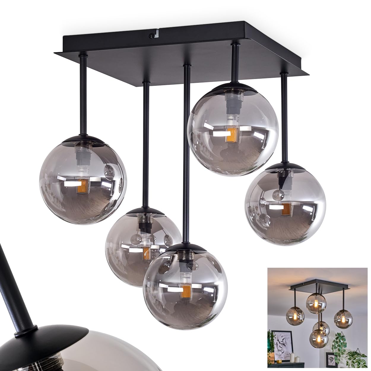 HOFSTEIN Plafonnier Chehalis, lampe de plafond en métal/verre noir/fumée, luminaire au design rétro/vintage avec abat-jour en verre (Ø 12 cm), 5 x G9 LED, sans ampoules