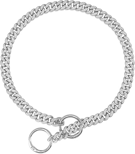 Collar cubano plateado para perro, cadena de metal plateado para caminar con hebilla segura, collar de cristal cubano para mascotas, accesorios para