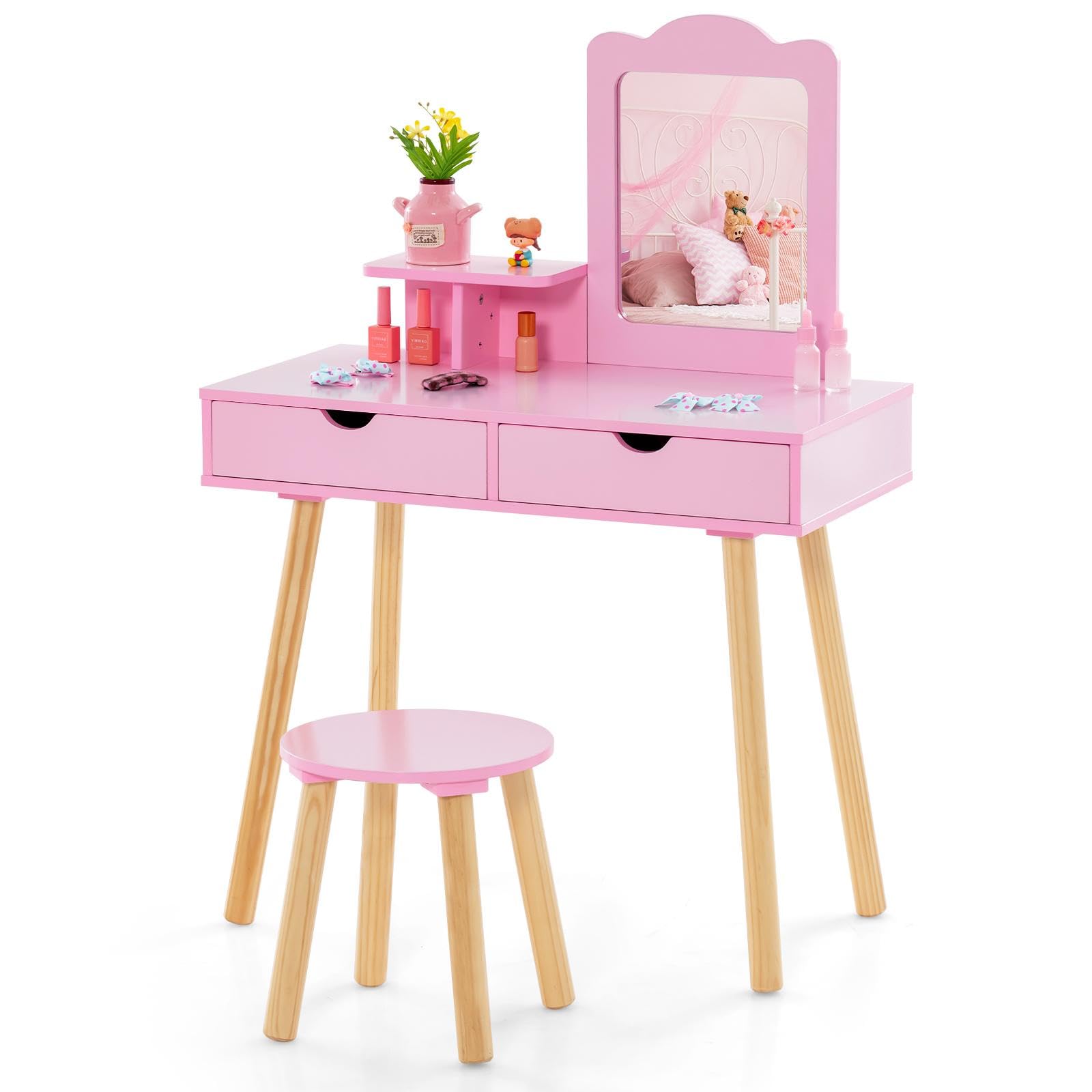 GLACER Kids Vanity with Stool, 2-in-1 Toddler Vanity w/Storage Drawers & Open Shelf, Solid Wood Legs, Princess Wooden Kids Vanity Table and Chair Set for Little Girls Ages 3+ (Pink)