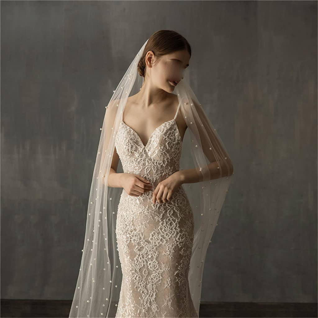 JFDBGU Lungo Abito da Sposa Bianco con Pettine e Chiesa di Un Unico Strato di Nozze Velo da Sposa in Pile Perline di Cristallo(75cm)