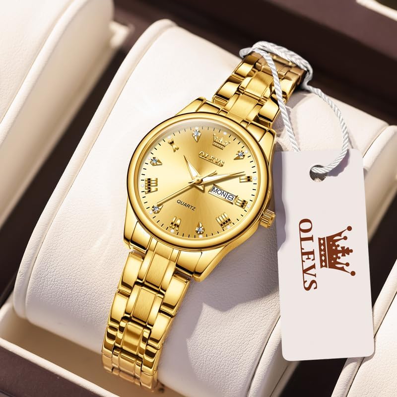 OLEVS Gold Watches for Women Classic Stainless Steel Waterproof Womens Wrist Watch Small Face Ladies Watches with Day Date Analog Quartz Dress Women's Watch Casual Gold Silver Black Dial Female Watch - Image 4