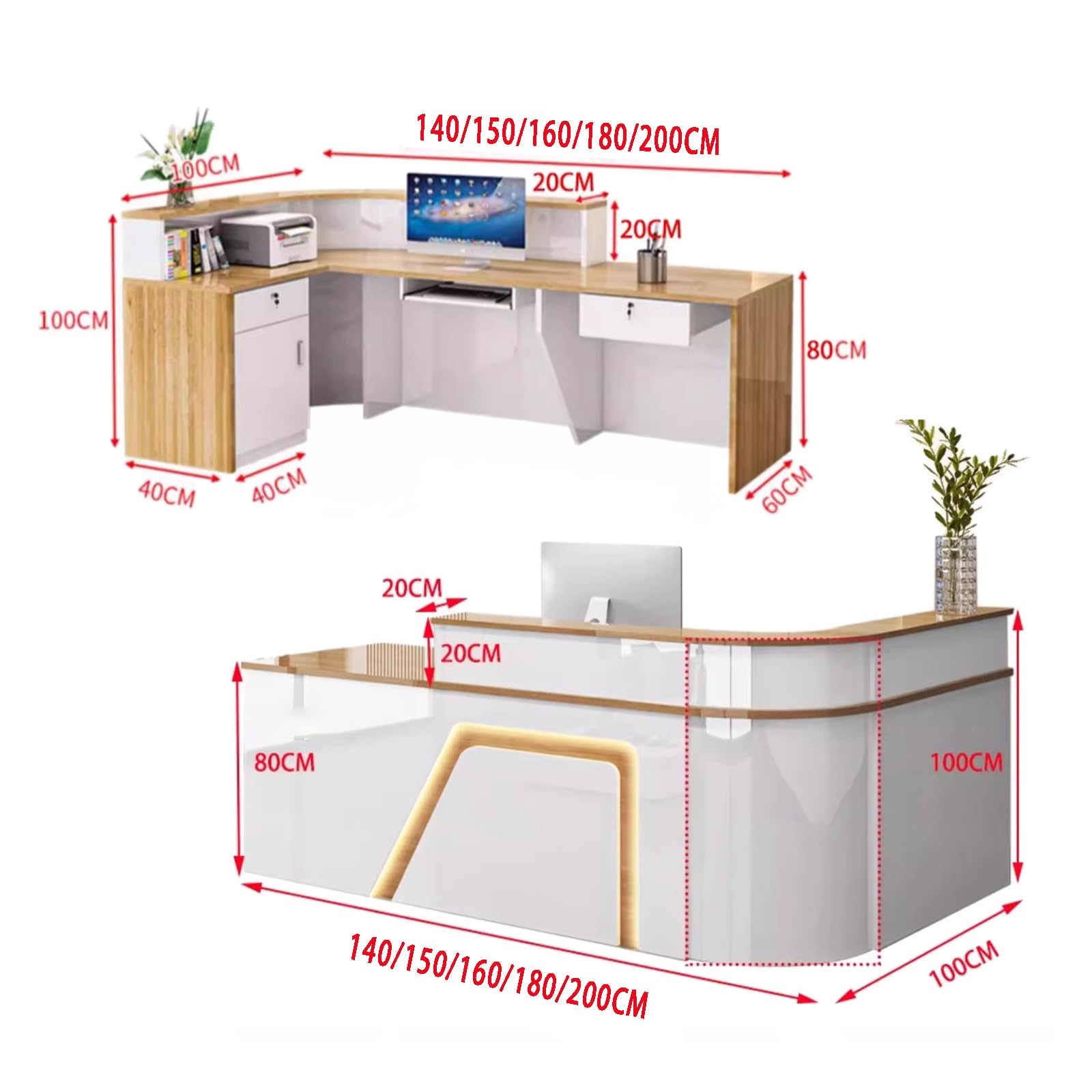 Tavolo a forma di L con gestione dei cavi spaziosi cassetti da lavoro per negozio di abbigliamento registratore di cassa hotel 200x60x100cm