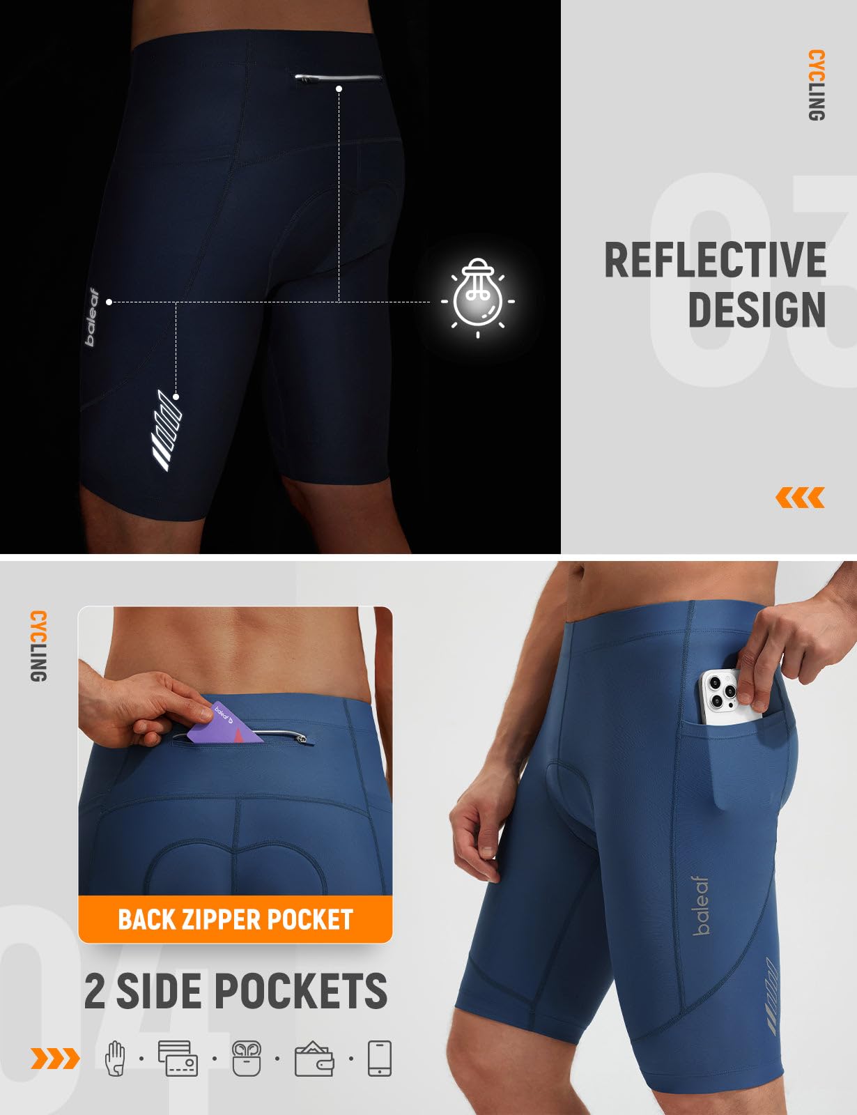 baleaf Pantaloncini da ciclismo da uomo, imbottiti, per mountain bike, con tasche, protezione UPF 50+