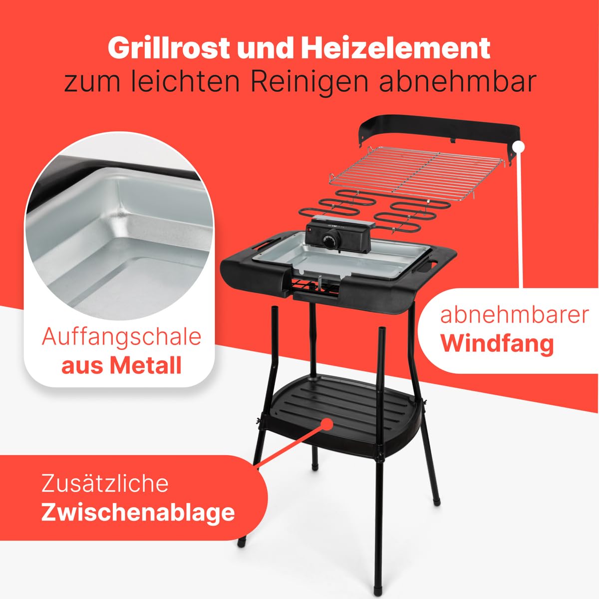 Barbecue sur pied et de table Clatronic | pour l'intérieur et l'extérieur | Barbecue électrique pour balcon | 2000 W | Barbecue de table électrique | Faible dégagement de fumée et d'odeurs | BQS 3842