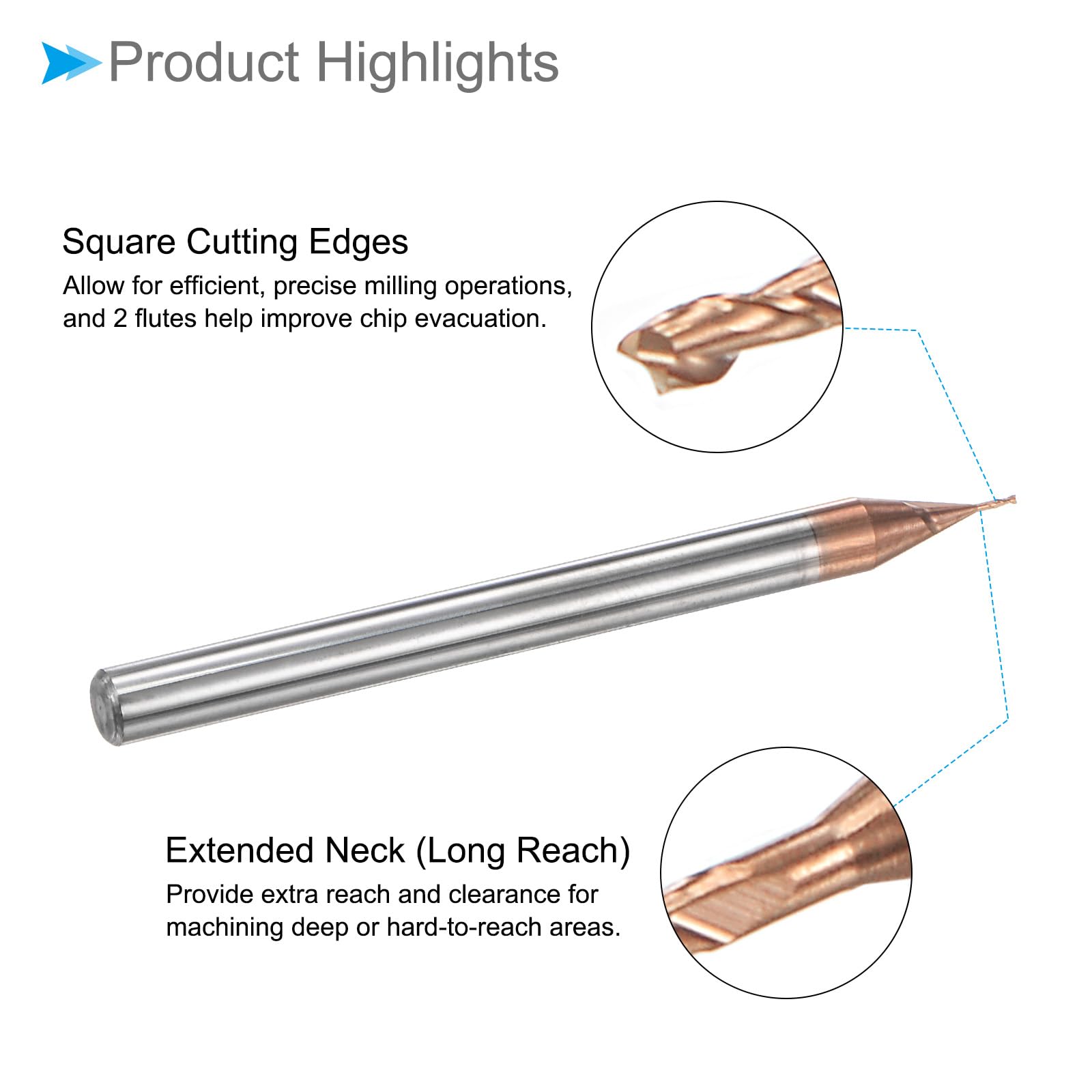 Fraise à Bout Carré, Coupe de 0,5 mm x 2 mm, Longue Portée, Revêtement en Carbure de Titane (Nano-Échelle), 2 Flûtes pour Fraiseuse CNC