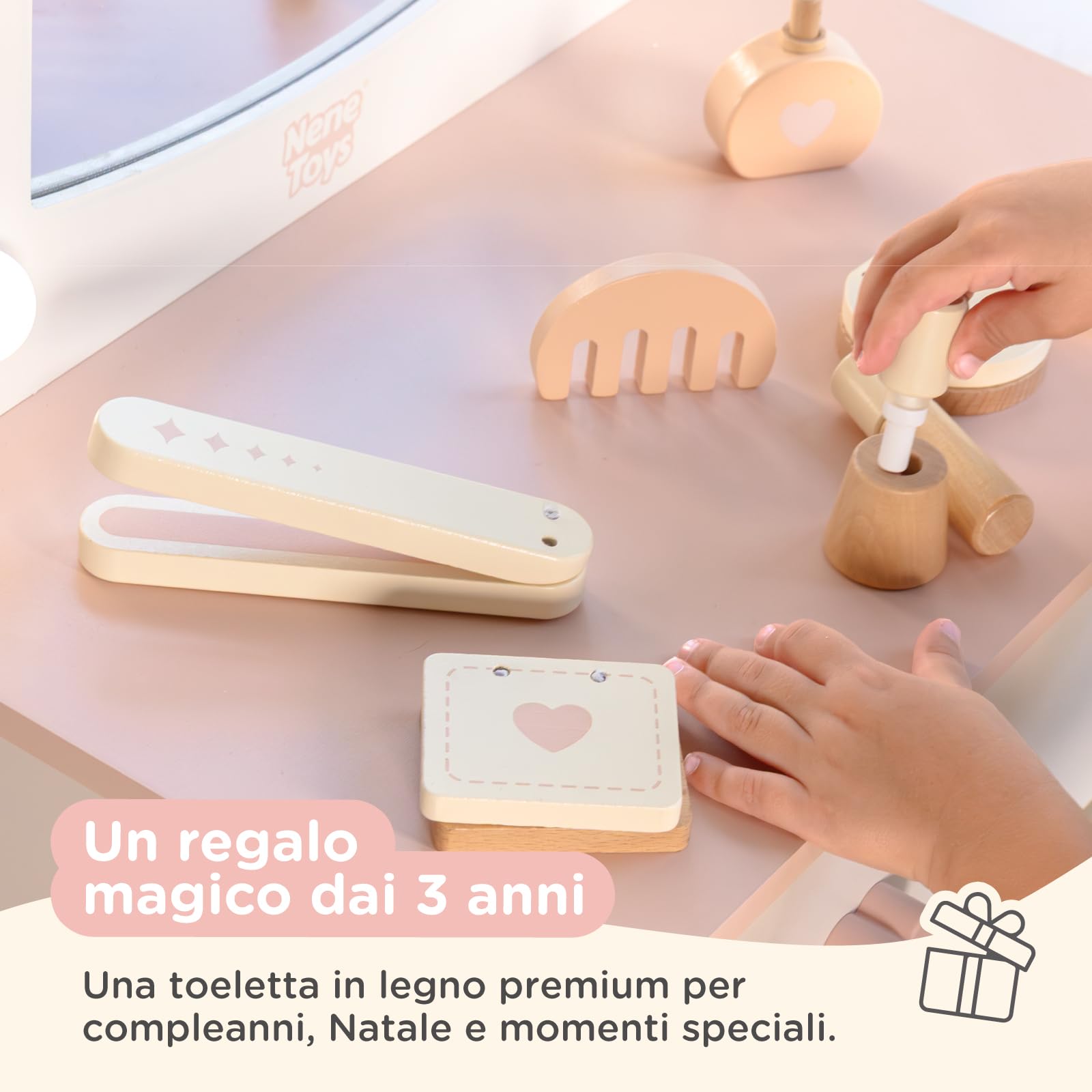 Nene Toys Toeletta Trucco Bambina con Specchio Illuminato e Sgabello, Specchiera Trucco Bambina in Legno, Postazione Trucco con 3 Modalità di Luce, Cassetto, Accessori, Regalo 3+ Anni