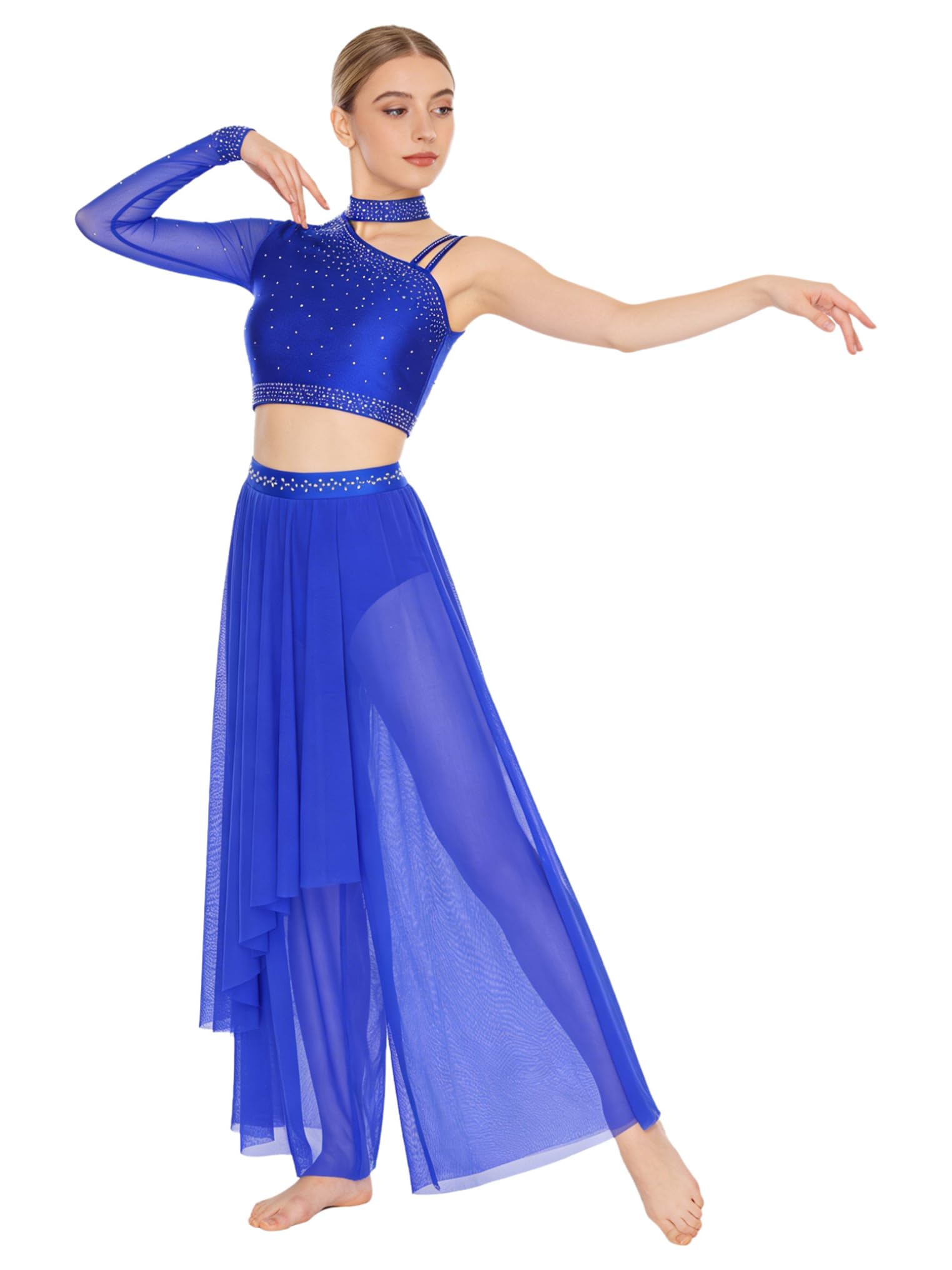 Traje Bailarina Ballet Mujer Vestido Baile Contemporáneo Crop Top Danza de Manga Larga y Pantalones Malla de Gimnasia Rítmica Traje de Baile Azul real M