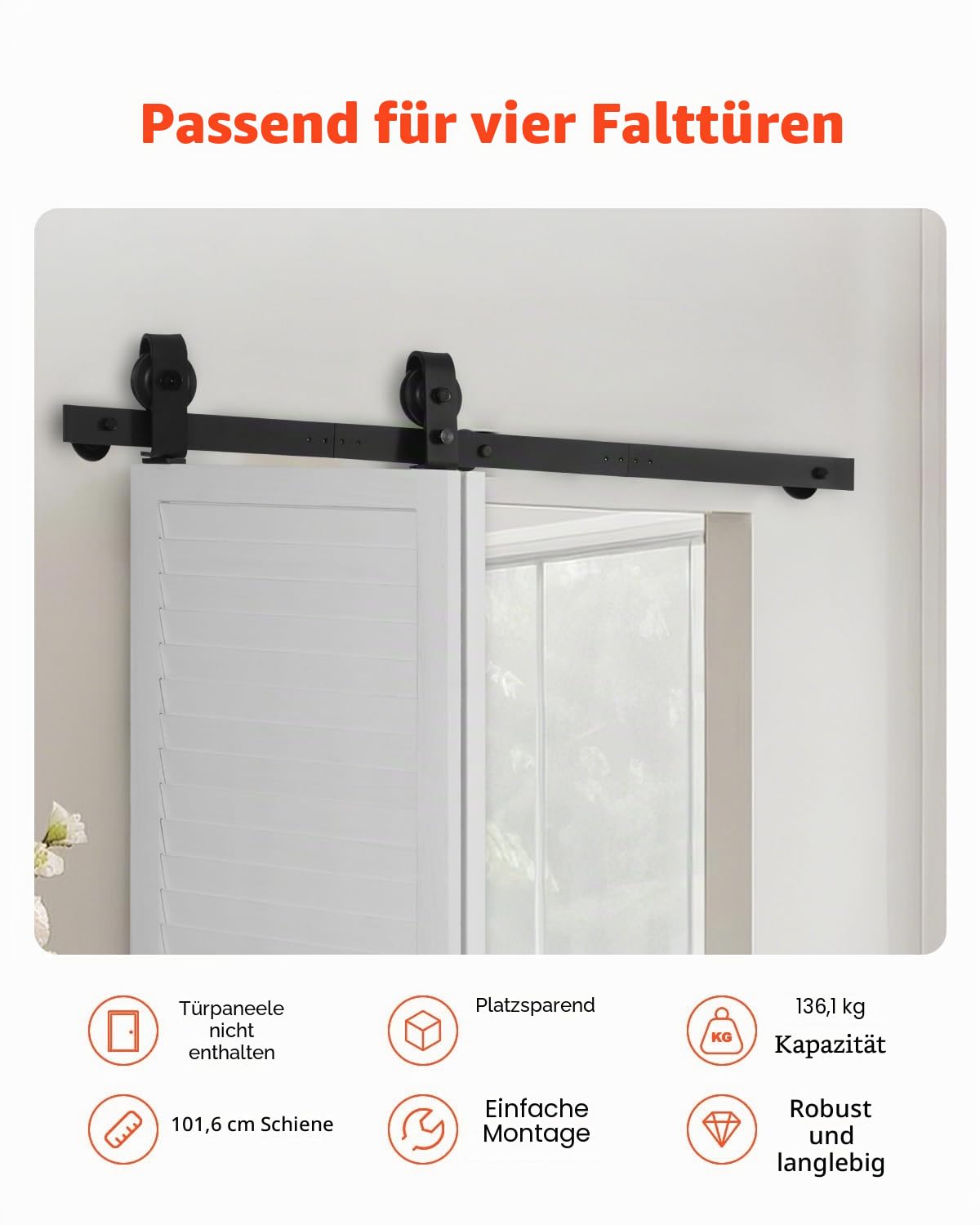 VEVOR Schiebetürsystem für faltbare Schiebetür, Schiebetürbeschlag 1016 mm Laufschiene, geeignet für zwei 45,7 cm große Schrank-, Speisekammer- & Wäschetüren (nicht im Lieferumfang enthalten)
