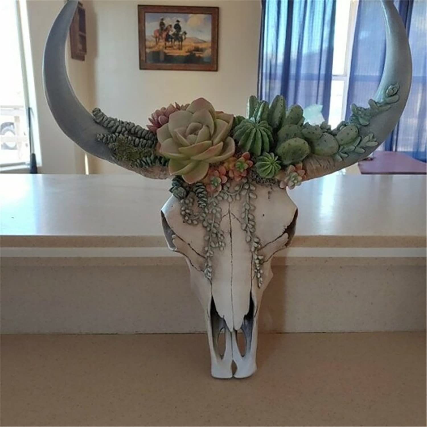 Floral Cow Skull Wall Decor, 3D Flower Faux Bull Skull Head Wall Hanging, Resin Boho Decor, Simulation Animal Cow Skull Head Wall Sculpture for Bedroom Living Room (Color : Green, Size : 20x20x5cm)