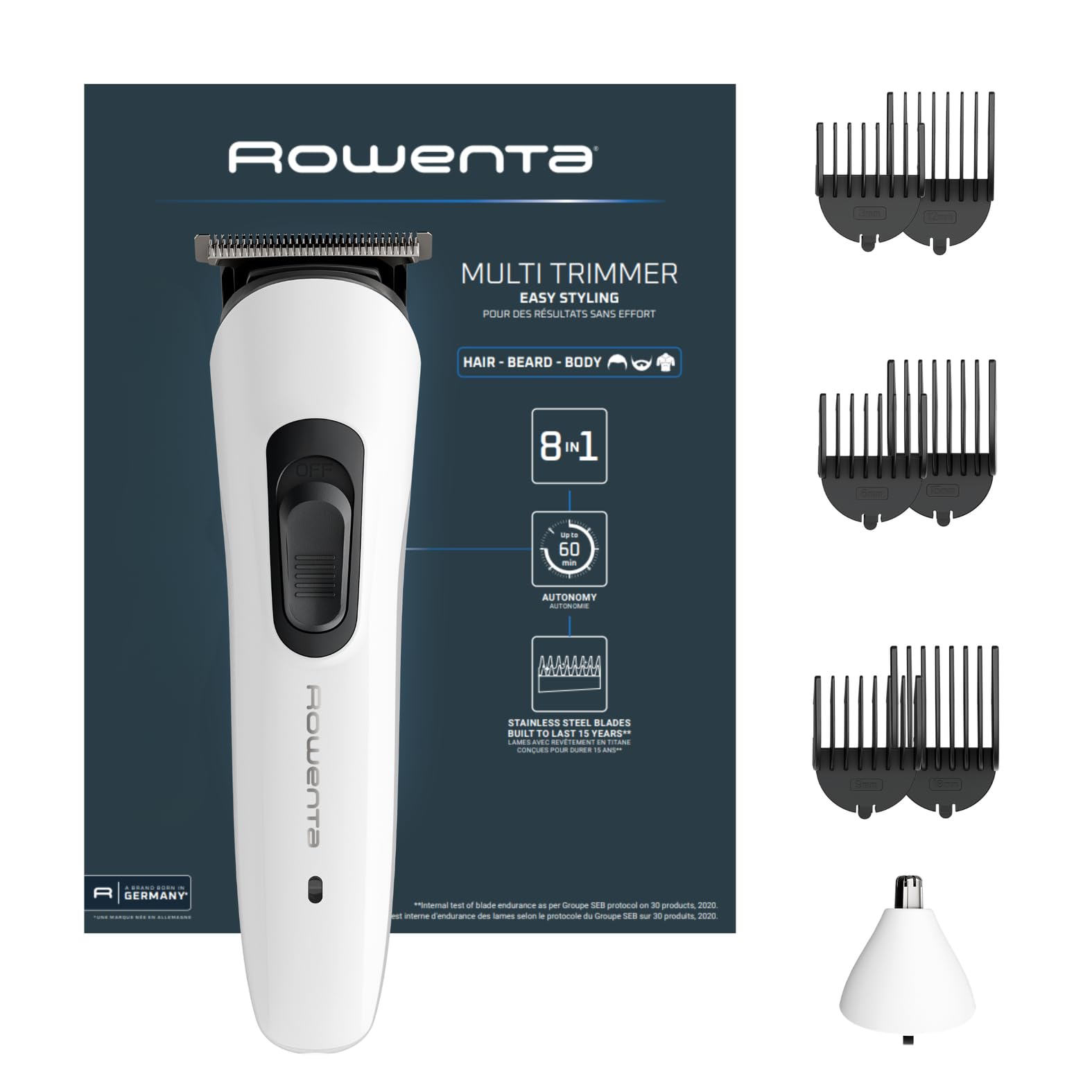 Rowenta Trim & Style 8 in 1, Regolabarba Multifunzione da Uomo, Lame Autoaffilanti in Acciaio Inox, 6 Pettini Fissi, Accessorio Naso e Orecchie, TN8934E0