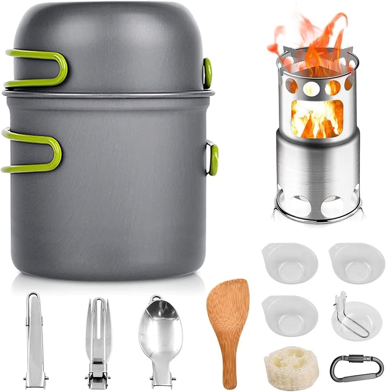 MDybf Camping Cookware Kit, Lightweight Camping Cooking Set with Foldable Wood Stove Pots Pans for Picnic Hiking Outdoor Backpacking Gear