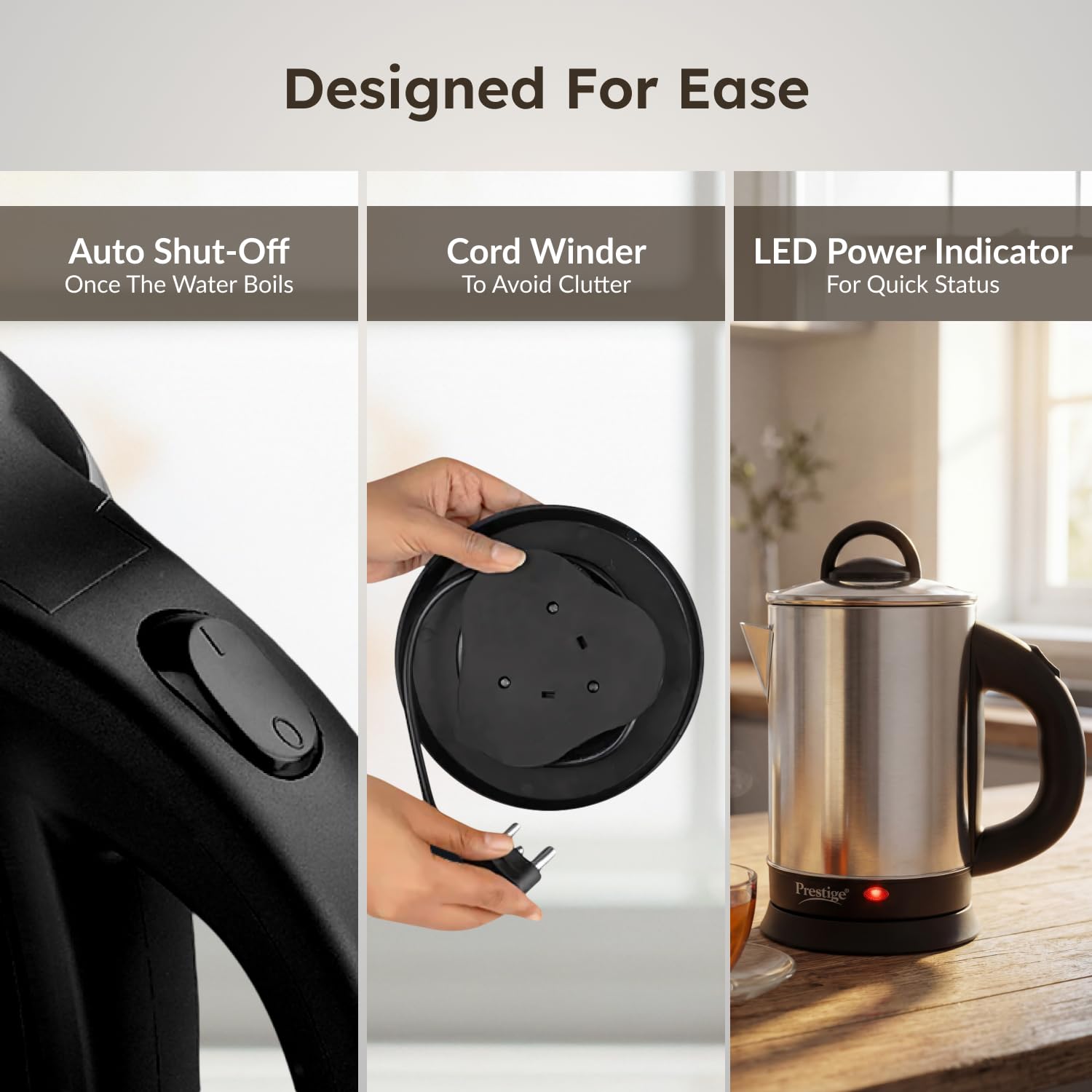 Prestige 1.7L PKGSS Stainless Steel Electric Kettle | 1350 Watts | Glass Lid with heat resistent handle | Single Touch lid locking |Automatic Cut Off | Silver 3