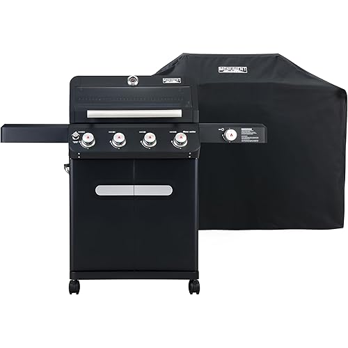 Monument Grills Outdoor Barbecue Stainless Steel 4 Burner Propane Gas Grill, 52,000 BTU Patio Garden Barbecue Grill with Side Burner and Knob Controls, Mesa425 with BBQ Cover
