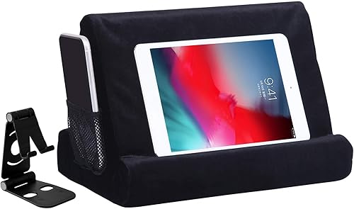 2 soportes de cojín multiángulo para tableta con bolsillo de red y soportes de teléfono de color negro, soporte mejorado para teléfono celular,