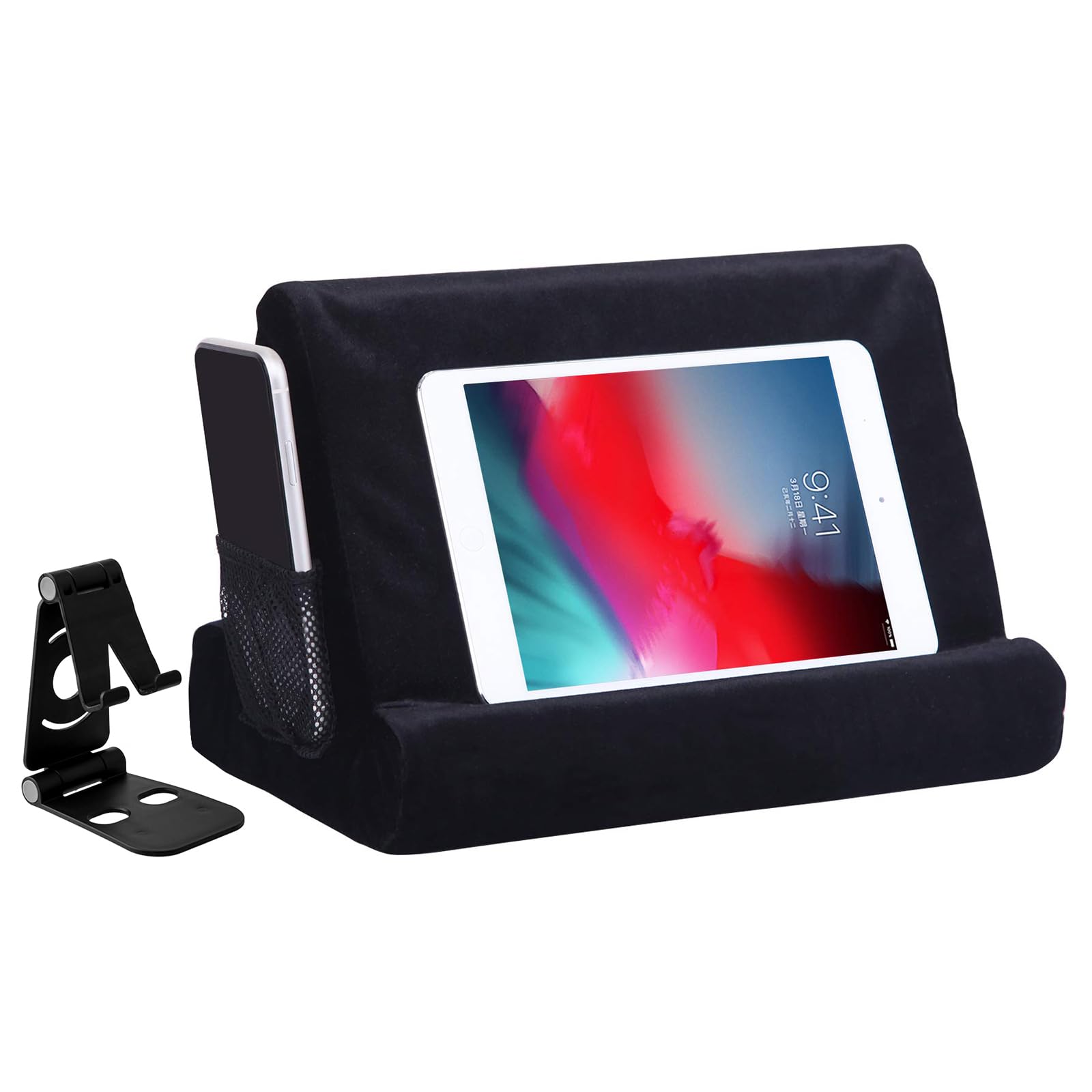 2pcs Multi-Angle Tablet Holder Cushion Stand with Net Pocket Black Color Phone Stands Upgraded Tablet Pad Support for