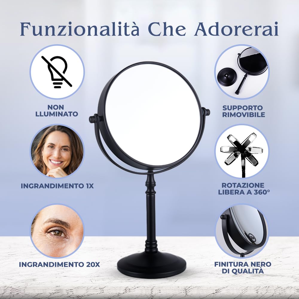 Mirrorvana Specchio da tavolo per trucco con ingrandimento 20X e 1X, ideale per make up e toeletta da bagno, specchietto ingranditore 30 x 15 cm (nero)