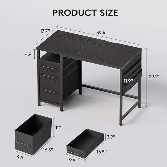 Maihail Maihail Small Desk with Drawers, 40 inch Computer Desk with Shelves, Writing Desk with Storage, Small Office Desk with Metal Frame, Black