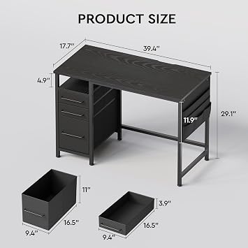Maihail Maihail Small Desk with Drawers, 40 inch Computer Desk with Shelves, Writing Desk with Storage, Small Office Desk with Metal Frame, Black