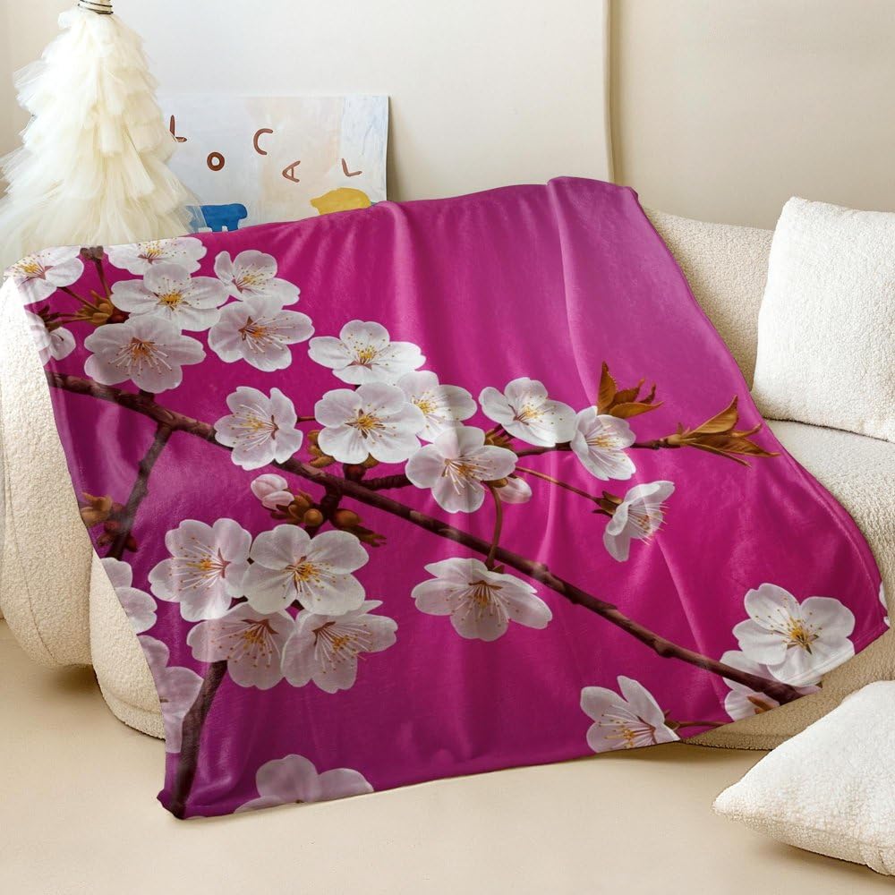 Couverture flanelle fleurs de cerisier anti-froid pour grand lit