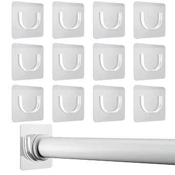 12 Pack Shower Rod Holder with Strong Adhesive, Shower Curtain Rod Holder No Drilling, Shower Bar Holder,Tension Curtain Rod Bracket, Small
