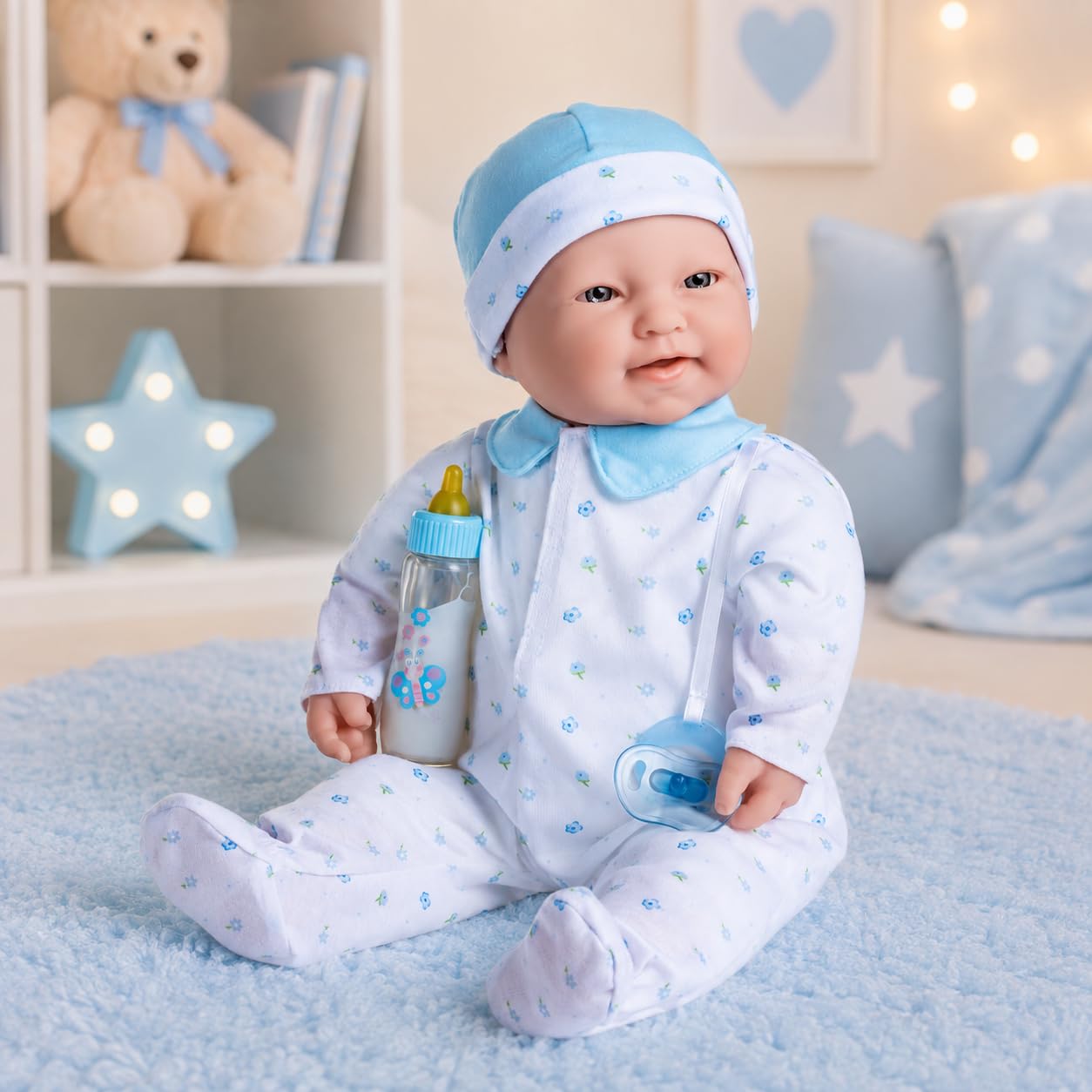JC TOYS - Lalka La Baby 51 cm ma miękki i nadający się do prania korpus, magiczna butelka i smoczek, niebieski, zaprojektowana w Hiszpanii, 2 lata