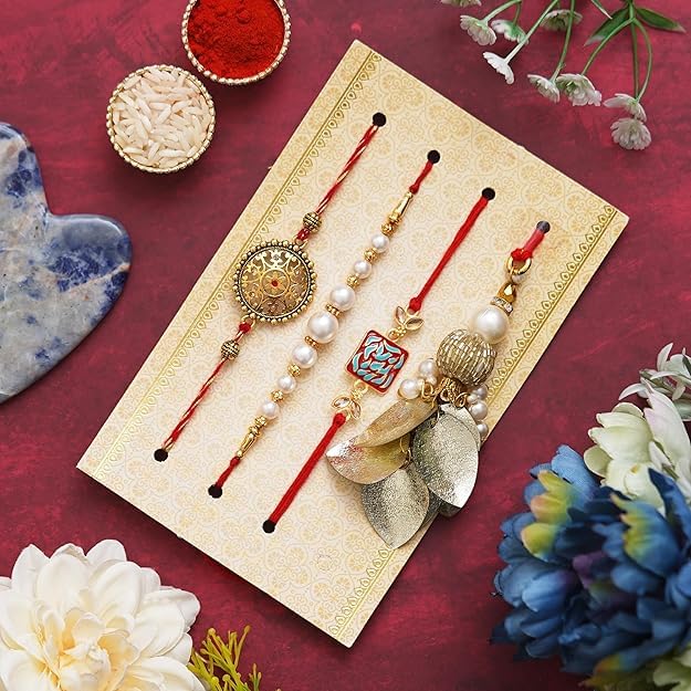 Image of eCraftIndia Designer Peacock Rakhi, Lord Krishna Idol Playing Flute Under Tree with Cow and Calf Showpiece, Roli Chawal Pack, Raksha Bandhan Greeting Card
