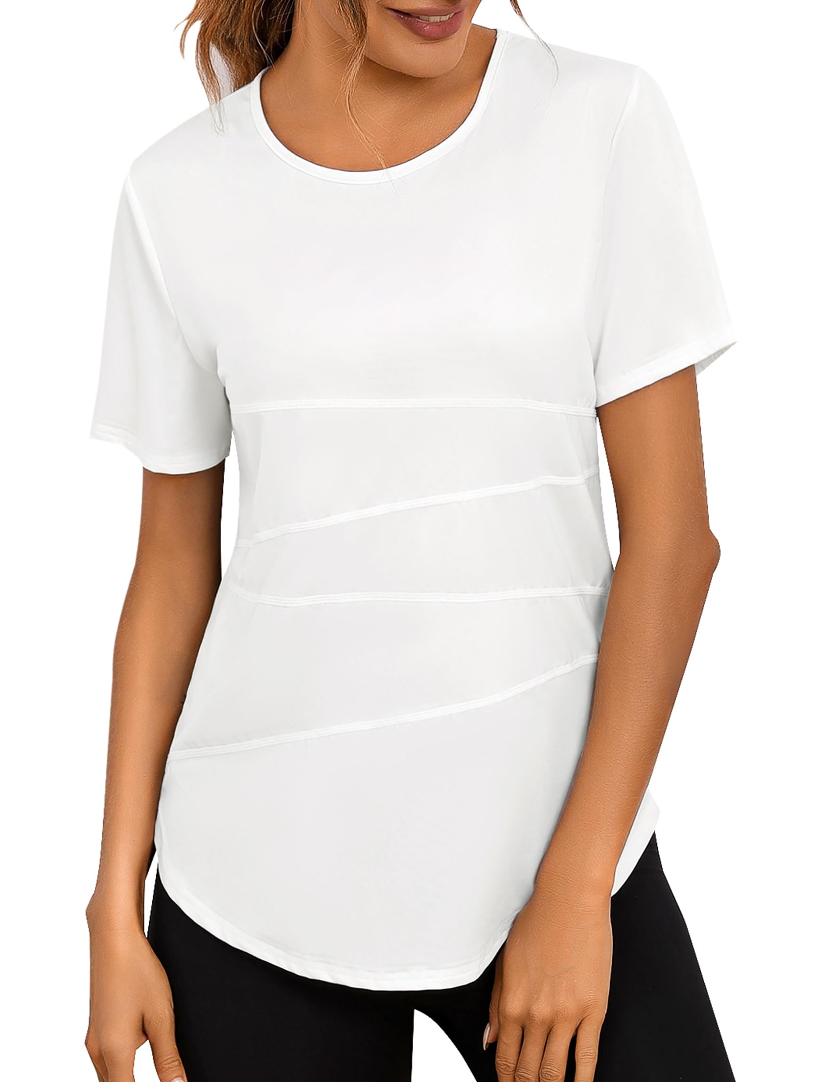 Terecey Sportshirt Damen Kurzarm Fitness T-Shirt Yoga Shirt Lang Damen Funktionsshirt Atmungsaktives Sport Tshirt Trainingsshirt Laufshirt für Wandern Trekking Gym