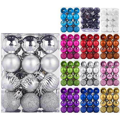 Emopeak 24Pcs Christmas Balls Ornaments for Xmas Christmas Tree - 4 Style Shatterproof Christmas Tree Decorations Hanging Ball for Holiday Wedding Party Decoration (Silver, 1.3"/3.2CM)