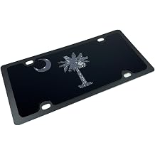 Eurosport Daytona- Compatible with -, Carbon Steel License Plate- South Carolina Flag, Black Opaque with Black Mirror Palm Tree and Moon
