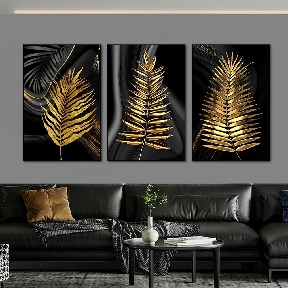 WBYZAC Art Prints-Abstract Gold Tree Leaves Black Canvas Prints Tropical Plant Leaves Nordic Style Wall Art Posters Pictures Living Room Kitchen Home Decor-50 * 70cm*3PCS (No Frame)