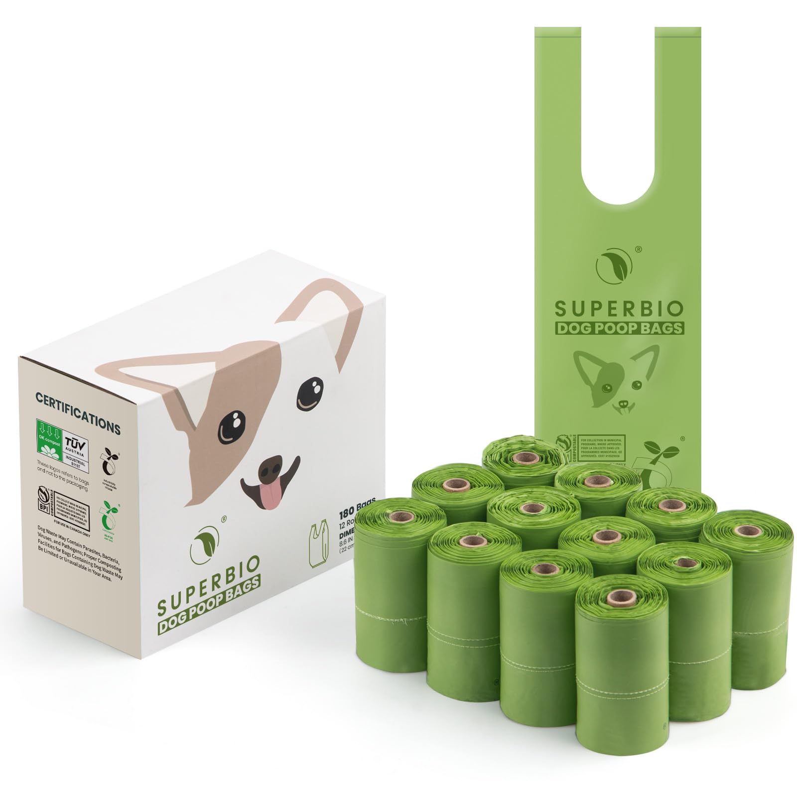 SUPERBIO Sacchetti per cacca per cani, 120 pezzi, 12 rotoli di sacchetti per rifiuti compostabili certificati da Seedling e OK Compost