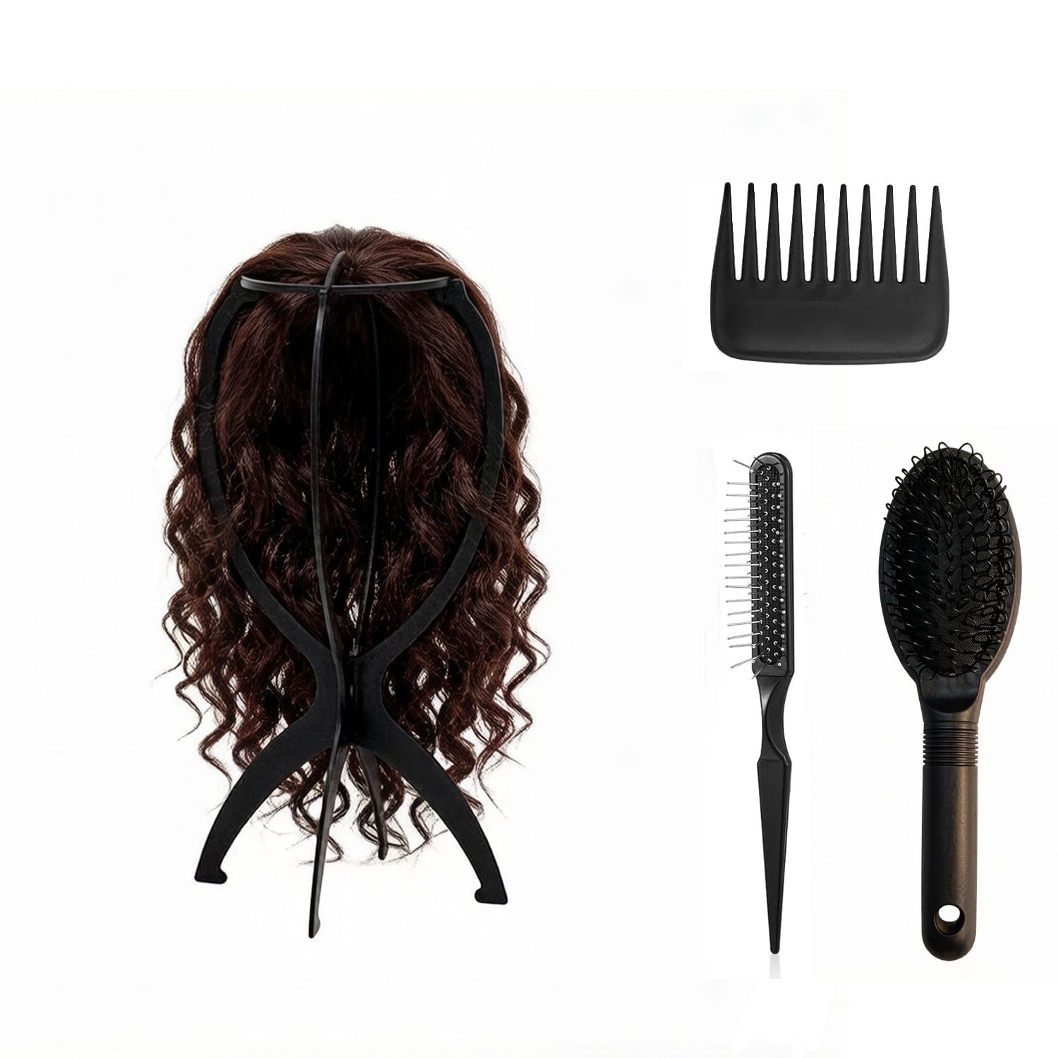 Portable Wig Stand & 3PCS Wig Brush Comb Set – Travel-Friendly, Collapsible Holder for Human & Synthetic Wigs, Ideal Wig Care Kit for Women