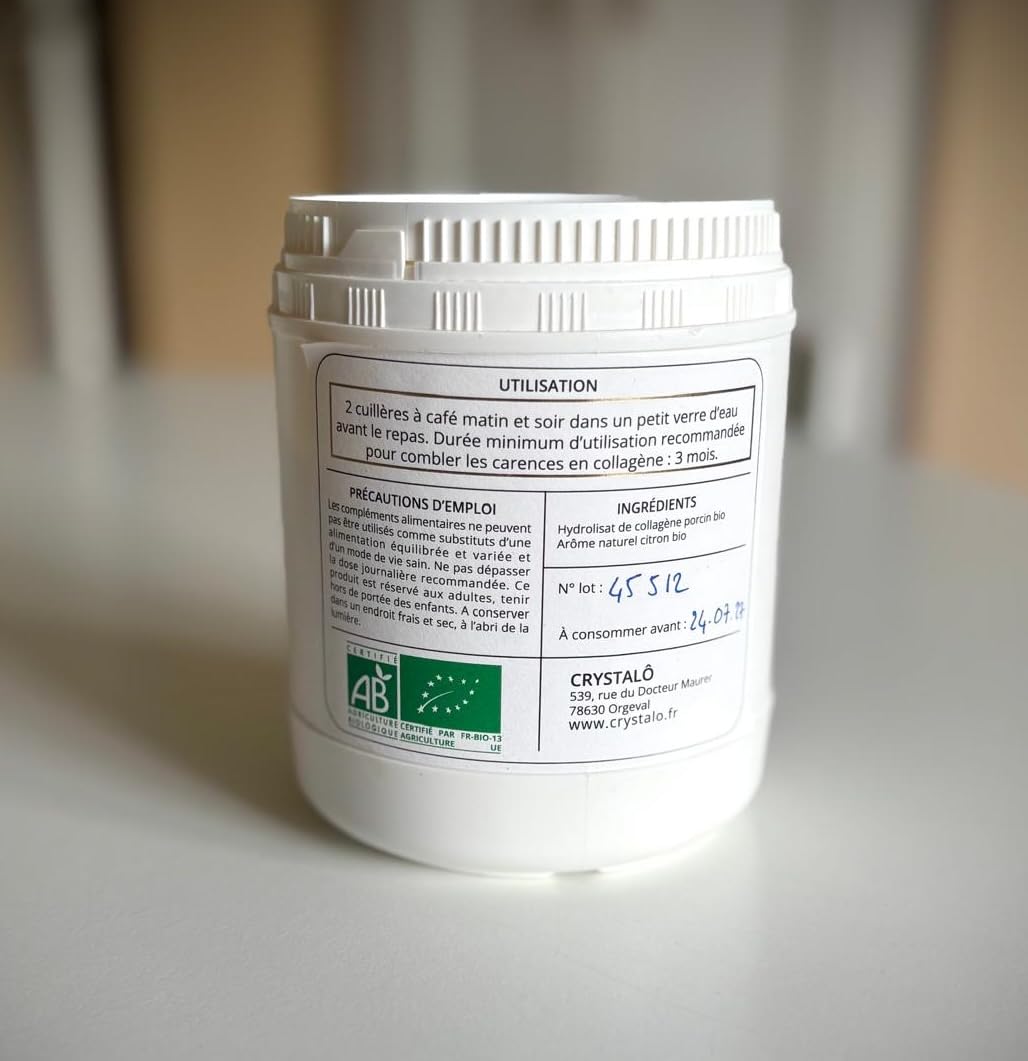 Collagene poudre bio arôme citron 450gr - Concentré (14 600mg/jour) - Fermeté, élasticité de la peau - Articulations - Renforce cheveux ongles - Sans conservateur - Pur extrait porc bio - Français