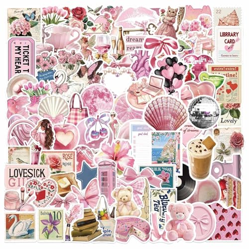 VOOSFSIE 100 Pièces autocollants roses pour Kindle, autocollants esthétiques en vinyle, stickers aesthetic scrapbooking ordinateur portable Téléphone pour adultes, filles, garçons