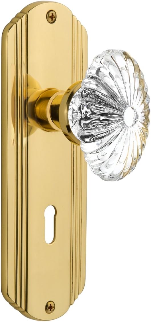 Nostalgic Warehouse Deco Plate with Keyhole Oval Fluted Crystal Glass Knob, Single Dummy, Polished Brass