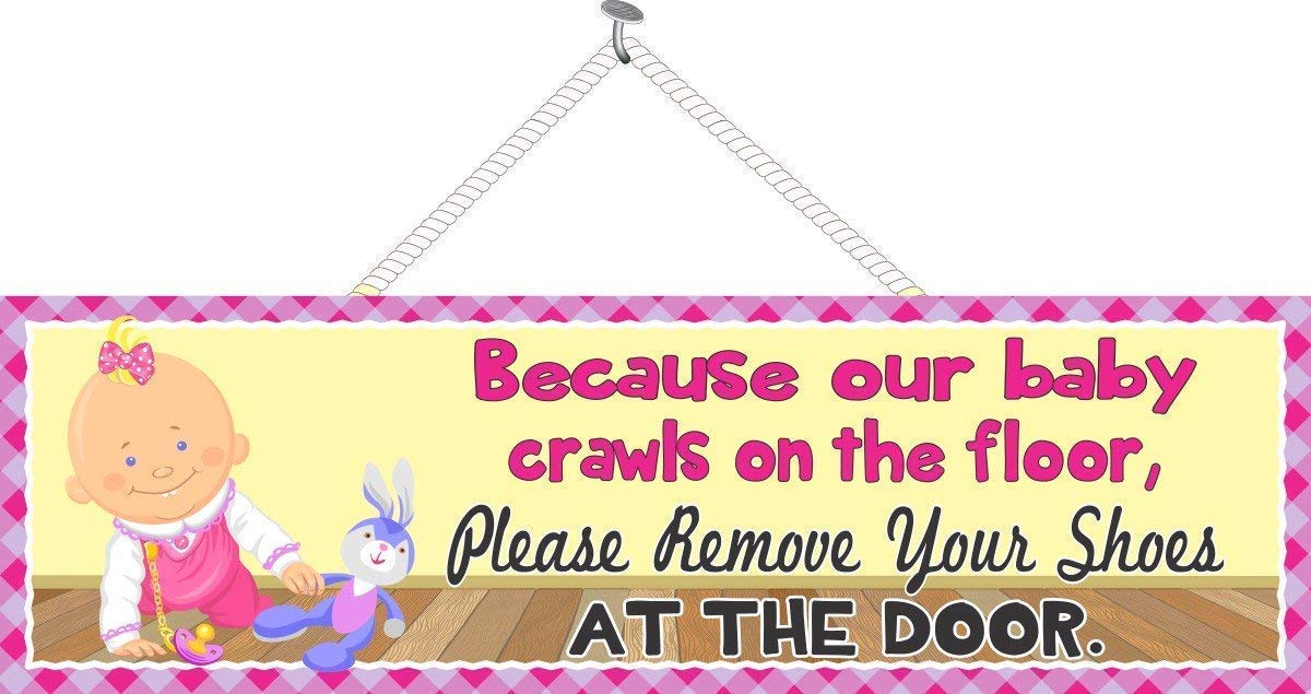 Amazon.com: Please Remove Your Shoes Baby Sign in Pink and Yellow with Blonde Haired Girl and ...
