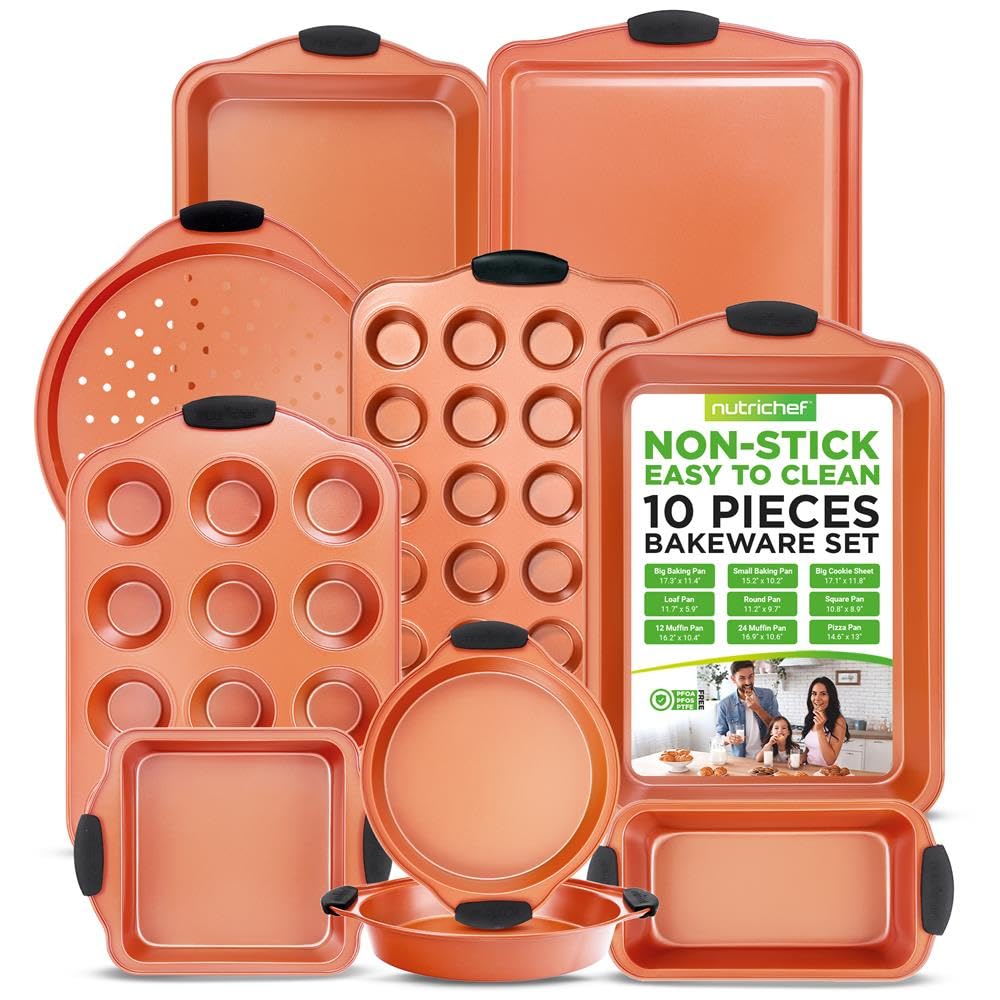 NutriChef 10-Piece Steel Nonstick Bakeware Set - Carbon Steel Baking Tray Set 450°F Oven Safe - Heatsafe Blue Silicone Handles, Pizza Loaf Muffin Round/Square Pans, Cookie Sheet, Baking Pan