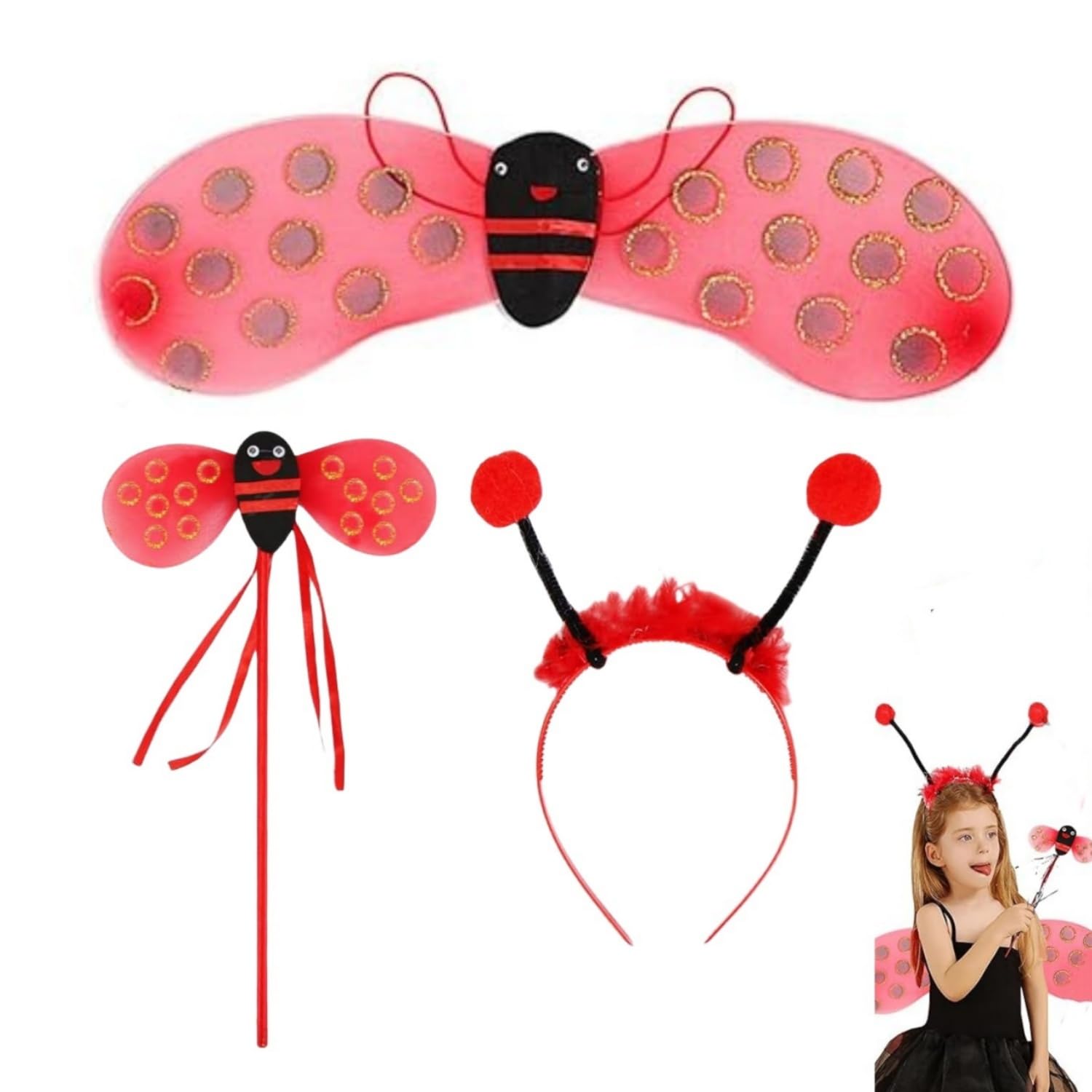 Deguisement Coccinelle Fille, Deguisement Ladybug Enfant, Tutu Jupe Ladybug Baguette Magique Ailes Coccinelle, Costume Coccinelle Ladybug Pour Fille Enfant Halloween Carnaval Cosplay