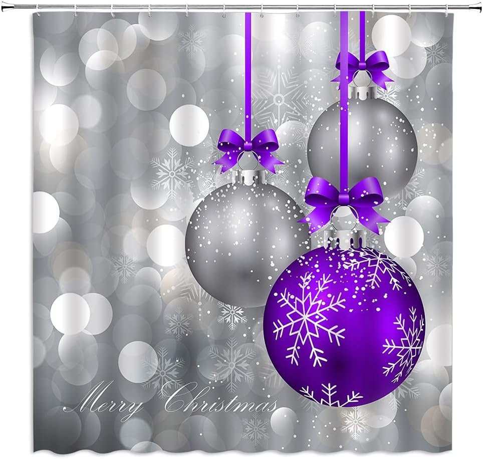 Merry Christmas Shower Curtain Purple Silver Christmas Ball Glittering Bling Printed Happy New Year Holiday Fabric Bathroom Decor Set Include Hooks,(91" Wx70 H)