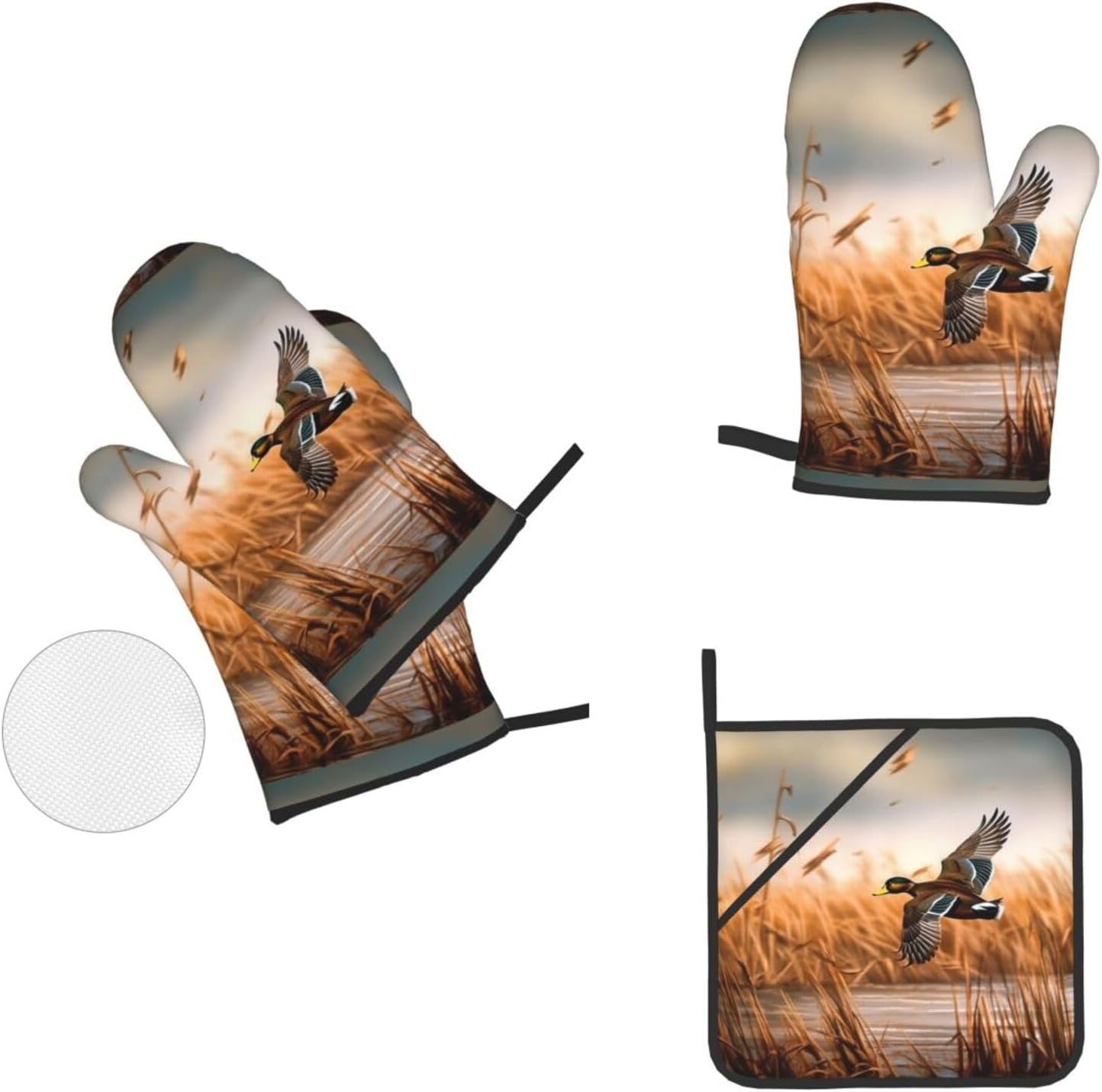(Hunting Flying Wild Duck) Baking 4-Piece Set: 2 Oven Mitts and 2 Pot Holders Heat Resistant Waterproof Hanging Loop for Kitchen Oven Grill Housewarming Gifts