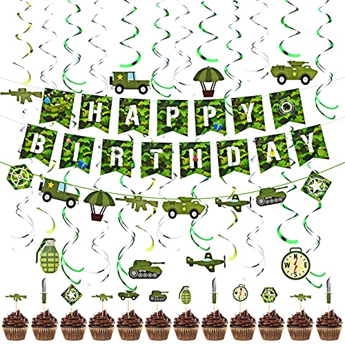 31 Pieces Camouflage Birthday Party Decorations Army Soldier Military Party Supplies Green Camo Happy Birthday Banner Camo Spiral Hanging Swirls Cupcake Toppers