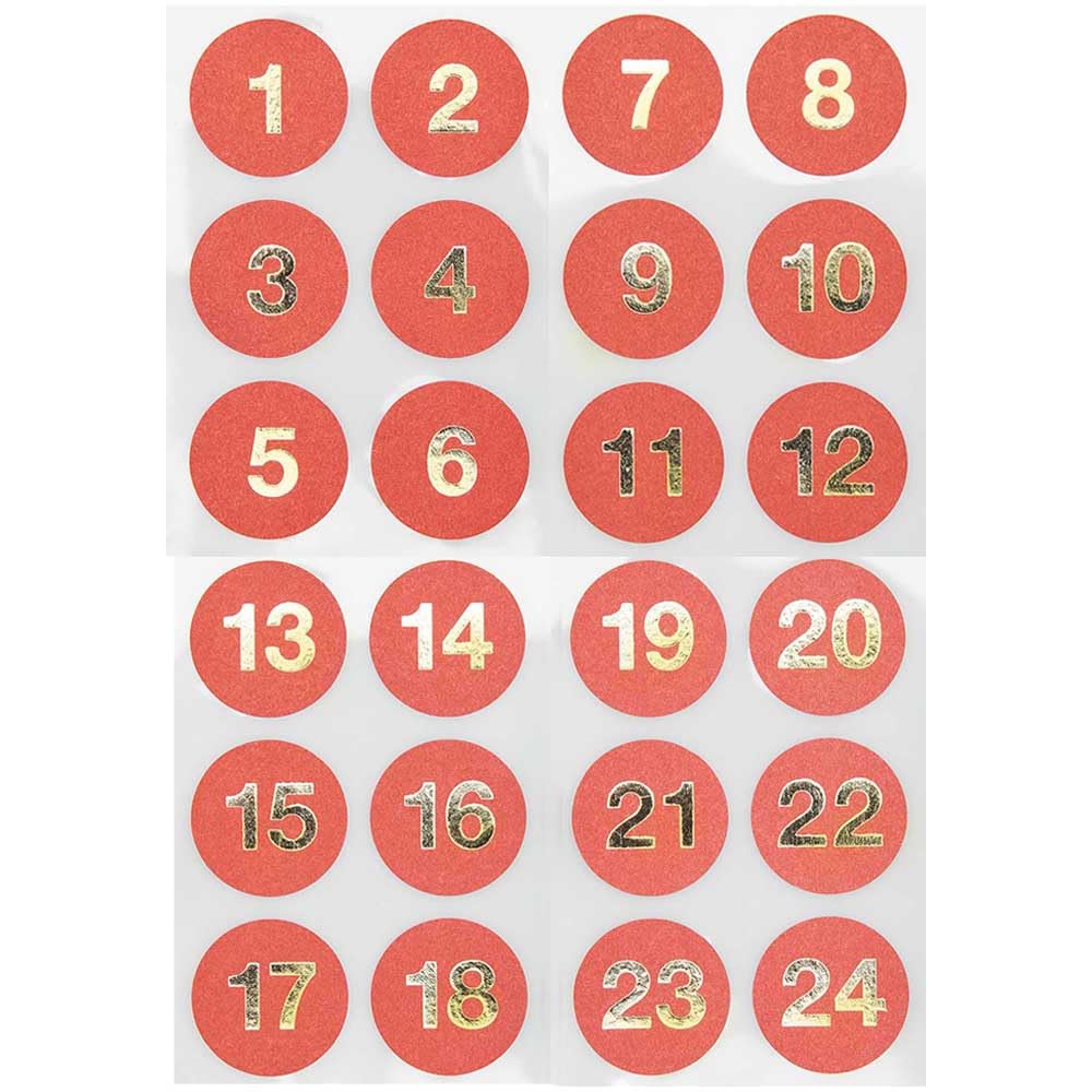 Crafty Capers Red - Gold Numbers Red | 24 Advent Calendar Stickers | Gold Foil Numbers | 3Cm Wide