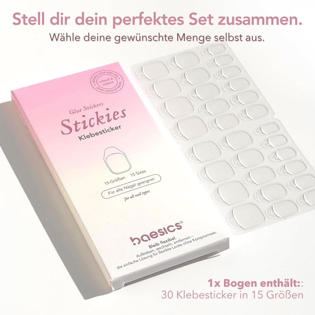 Baesics Podkładki samoprzylepne na paznokcie, 180 sztuk, w różnych rozmiarach – bardzo mocne, dwustronne naklejki samoprzylepne do sztucznych paznokci & Press On Nail przezroczyste
