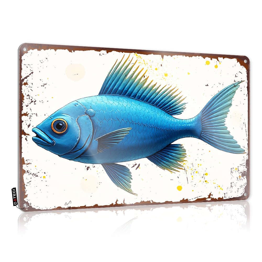 Matal Sign Boys Wall Art - A Vibrant Blue Fish With Spiky Fins Swims Gracefully. Reusable Farmhouse Retro Style Decoration For Tailgating(30X40CM)