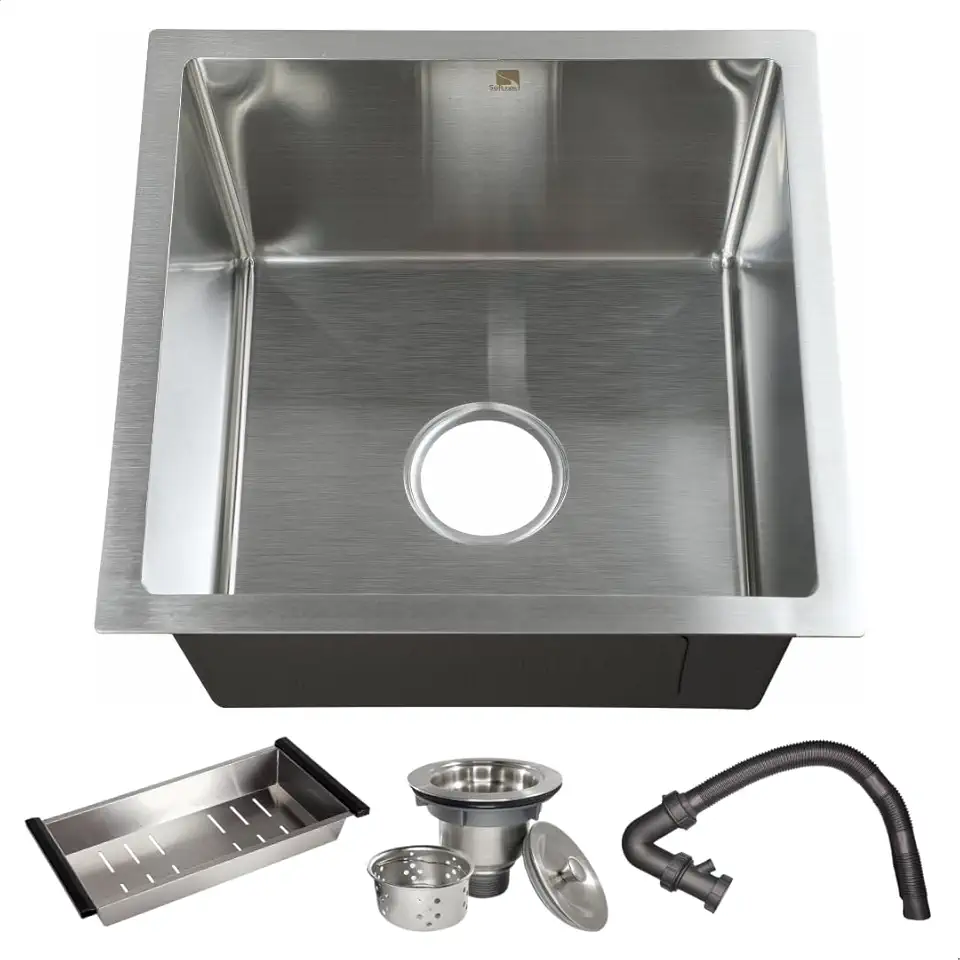Cuba Inox Gourmet Pia Cozinha Aço Inox 304 Quadrada 44x44 SOFTINOX — Cuba de Cozinha Embutir ou Sobrepor, Kit Cuba Gourmet Cozinha com Cesto Escorredor e Válvula de Escoamento