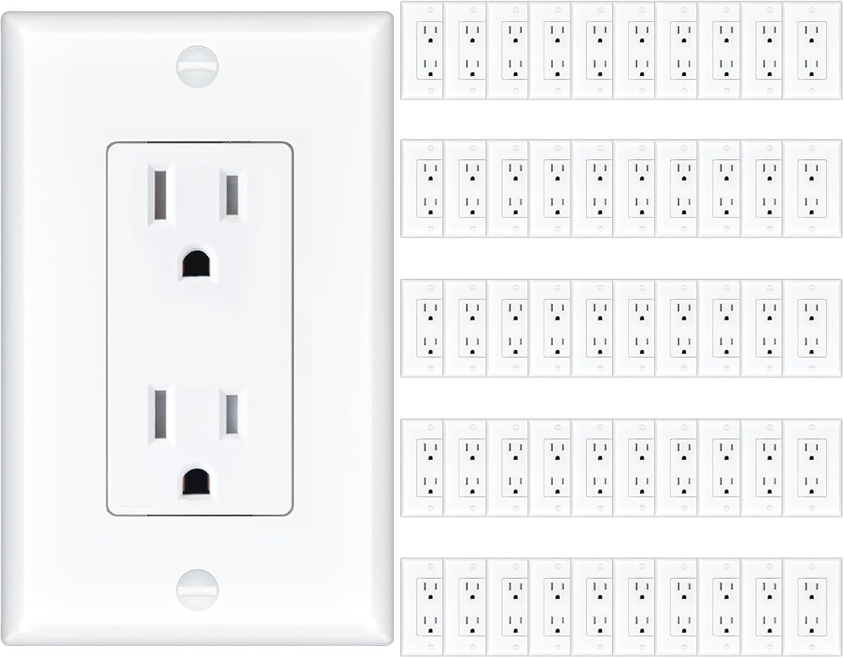 Amico Paquete de 50 tomacorrientes de pared resistentes a manipulaciones de 15 amperios Listado UL | Receptáculos eléctricos Decorator con placas de pared, tomas eléctricas de 125 V/1875 W para uso doméstico, oficina y comercial, color blanco