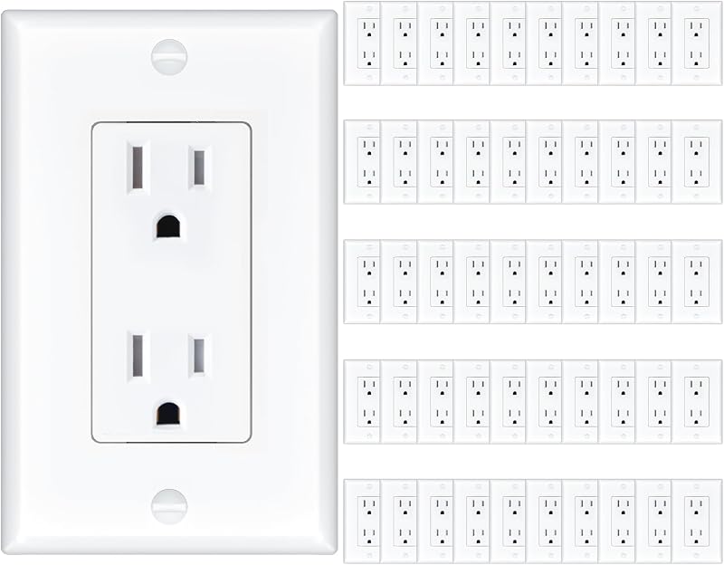 Amico Paquete de 50 tomacorrientes de pared resistentes a manipulaciones de 15 amperios Listado UL | Receptáculos eléctricos Decorator con placas de pared, tomas eléctricas de 125 V/1875 W para uso doméstico, oficina y comercial, color blanco